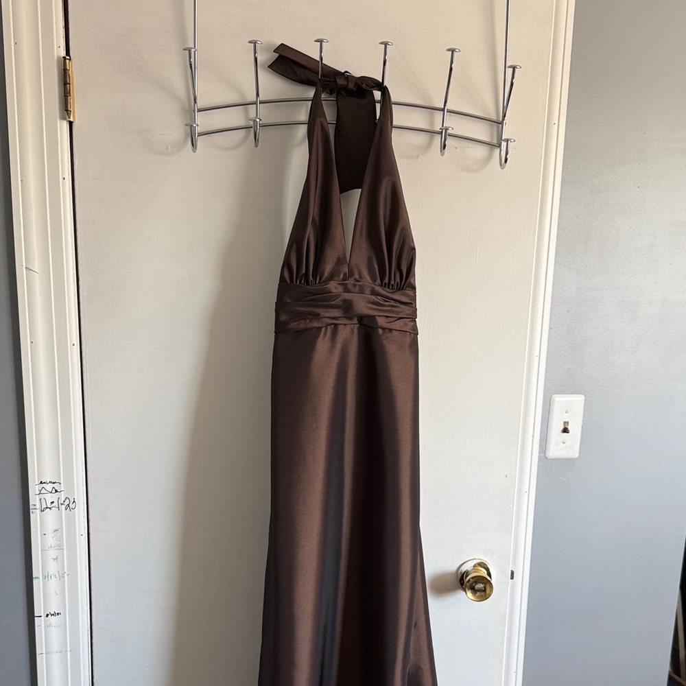 Amsale Brown Halter Satin Maxi Dress